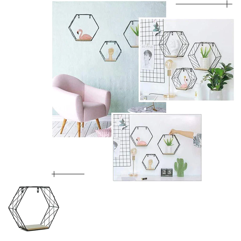 

Iron Hexagonal Grid Wall Shelf Combination Hanging Geometric Figure Wall Decoration for Home HR