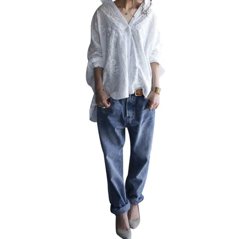 

women blouse 2020 Autumn New Long Cotton Casual fashion Full Solid Embroidery loose blouses Euro-America style