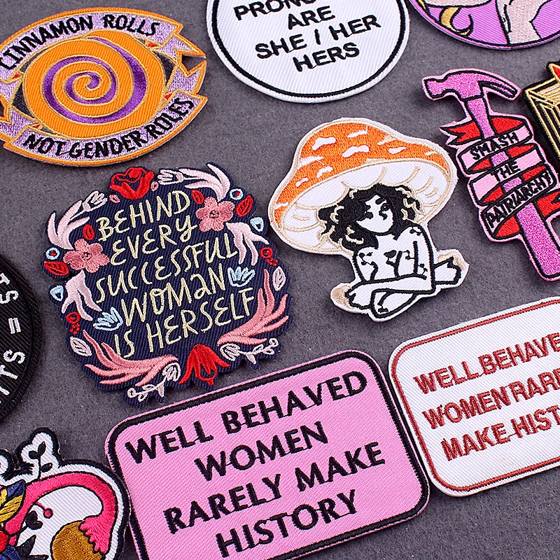 

Iron On Patch Kawaii Girl Embroidered Patches On Clothes Stripes Girl Power Clothing Thermo Adhesive Patches For Dress Accessory