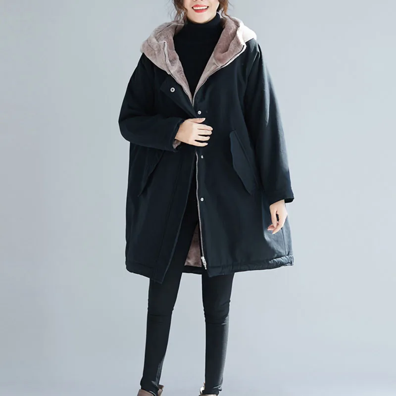 2022 Winter New Plus Velvet Cotton-Padded Jacket Korean Loose Mid-Length Thick Contrast Stitching Hooded Cotton Jacket Women