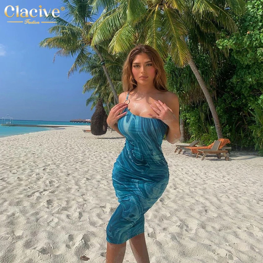 Clacive сексуальное женское платье с принтом на одно плечо летнее облегающее