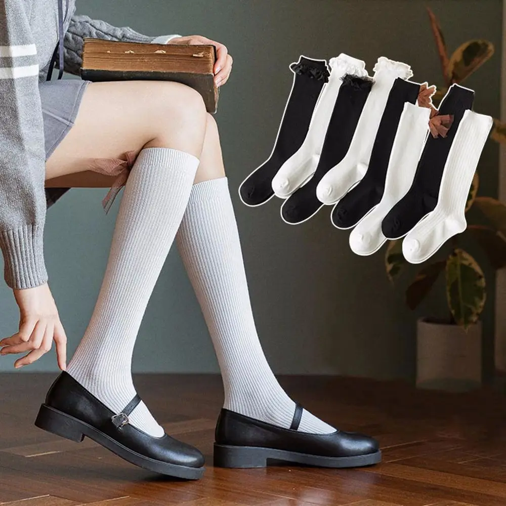 

New Sweet Bow Lace Calf Socks Double Needle Thin Strip Cotton Stockings Black White College Style JK Uniform Socks