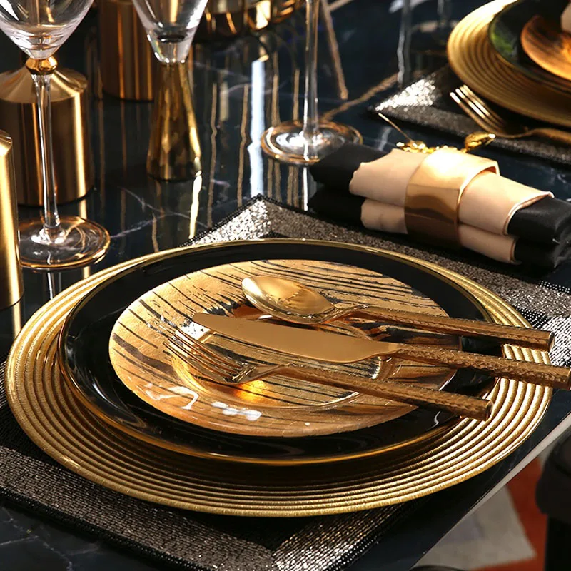 

Gilded Glass Plate Northern Europe Main Course Dinner Tray Western Food Steak Serving Trays Table Decoration Kitchen Cutlery Set