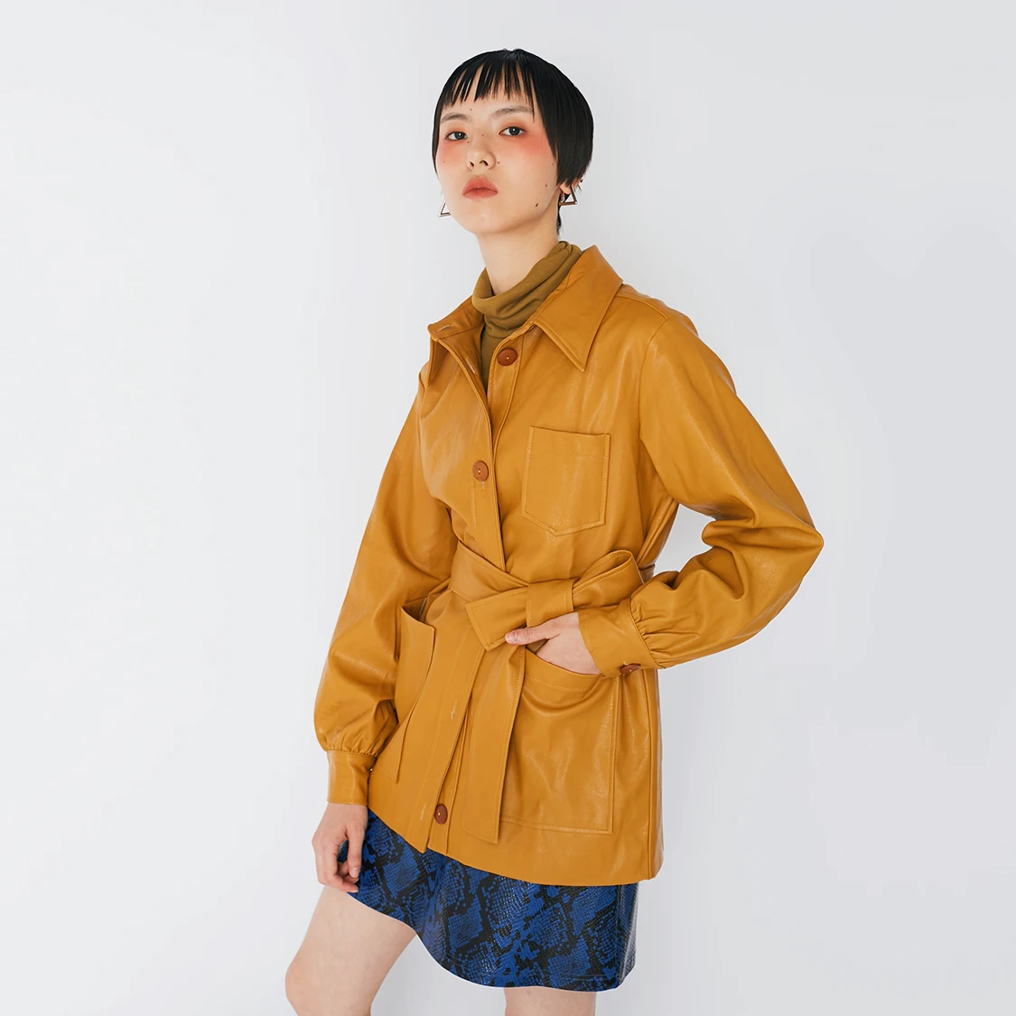 Murah Faux Wanita Fashion Jaket Kulit Sabuk Pinggang Kantong PU Kulit Mantel Wanita Jaket Streetwear