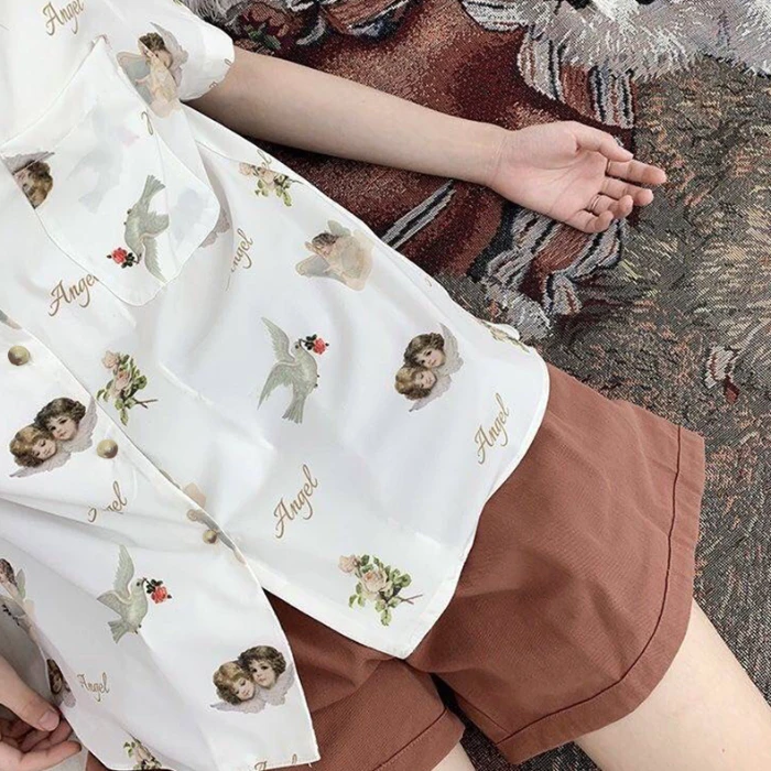 

2021 Summer Angel Print V Neck Shirt Women's Retro Short-sleeved Chiffon Top Hawaiian Shirt