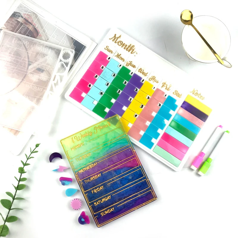 Kit de moldes de silicona para planificador semanal, bonito Bloc de notas con calendario mensual, molde de resina, 2 uds.-1