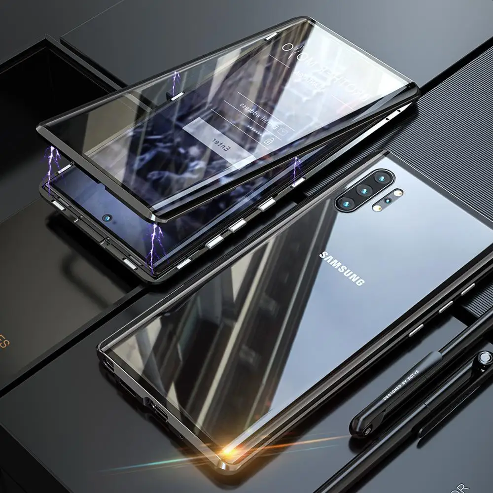 black Double sided glass Metal Magnetic Case for Samsung Galaxy Note 10 Plus Phone Case 360 Full Protection Case For Galaxy Note 10 - Цвет: black