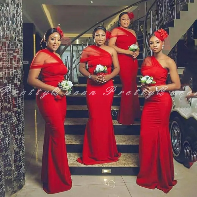 

2020 Red Mermaid One Shoulder Bridesmaid Dresses Long Robe De Soiree De Mariage African Women Formal Wedding Party Dress Gown