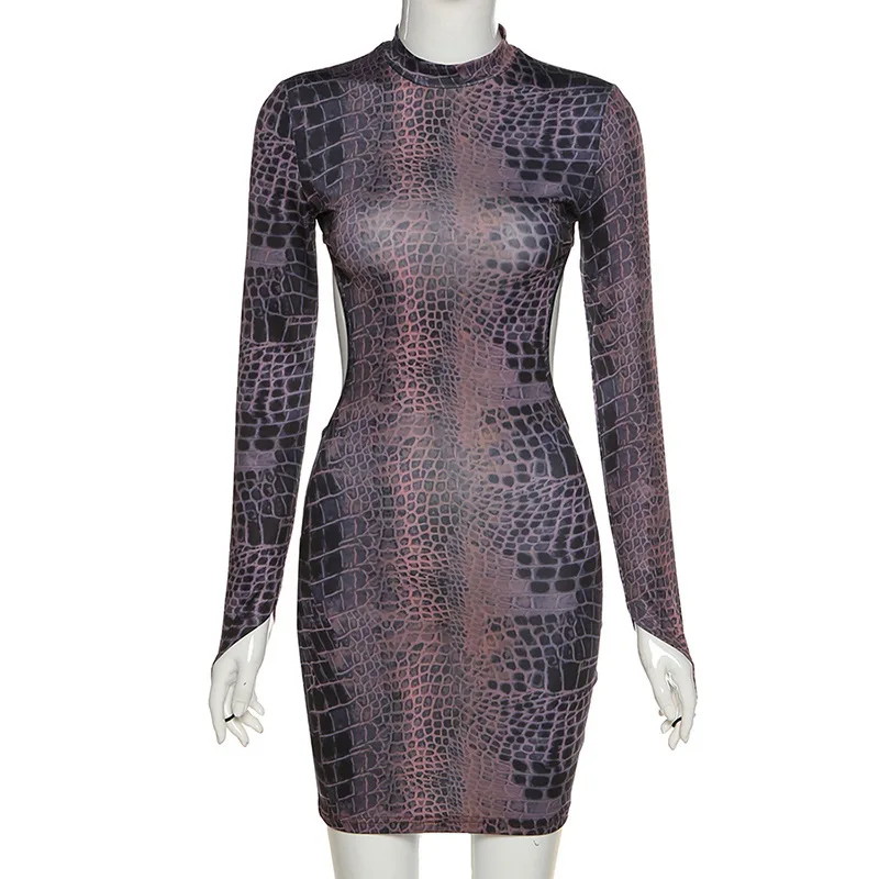 

Snakeskin Printed Sexy Bodycon Dresses for Women Party Club Wear Hollow Out Backless Long Sleeve Slim Mini Dress