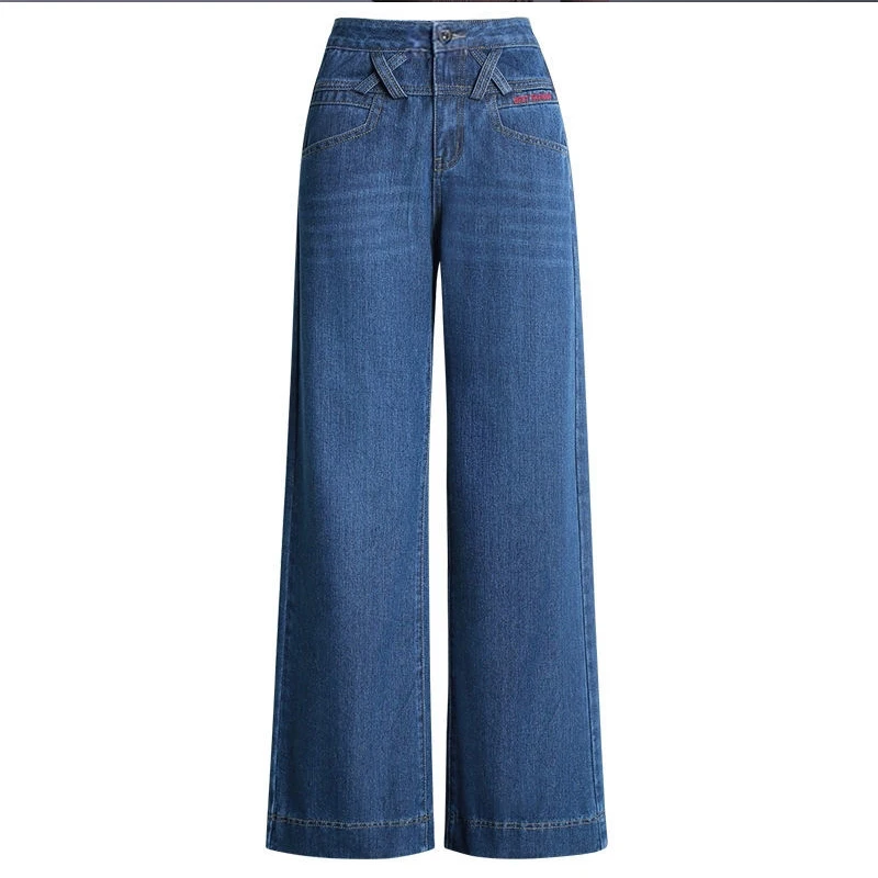 

Spring Autumn Women Denim Jeans Female Loose Casual High Waist Wide Leg Pants Lady Plus Size Elastic Jeans Pants KK0124