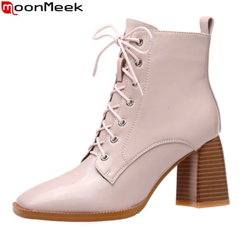 

MoonMeek 2020 Large size 33-43 women boots genuine leather boots thick high heels square toe laceup ankle boots ladies shoes