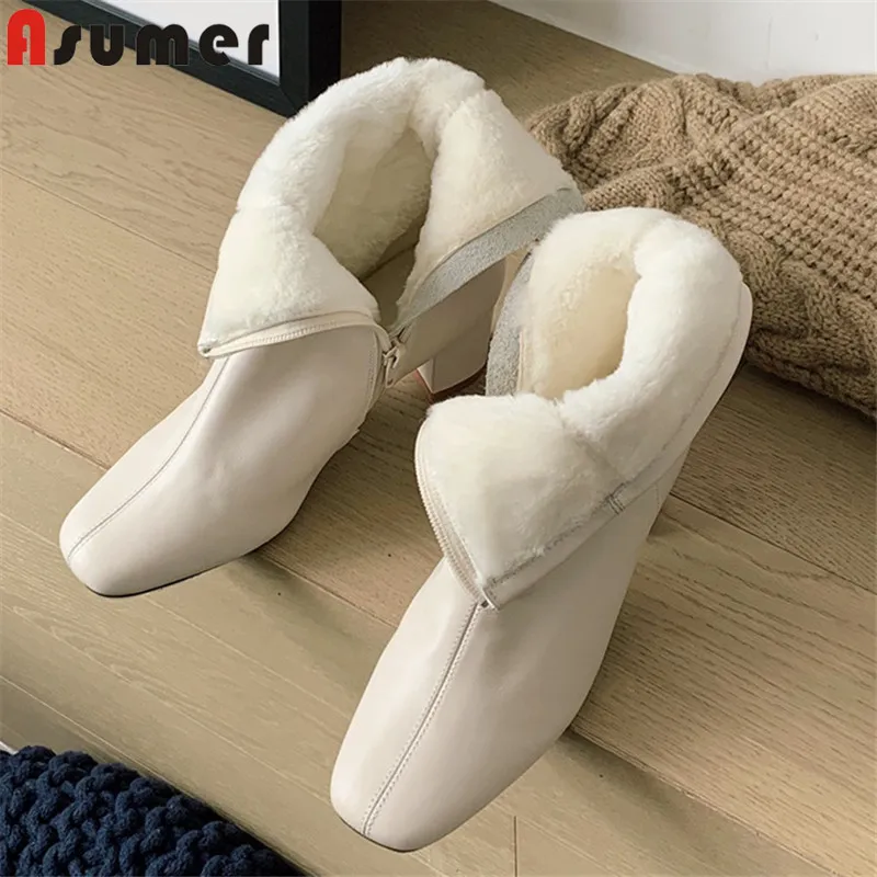 

ASUMER 2021 Top Quality Genuine Leather Snow Boots Women High Heel Dress Party Wedding Shoes Square Toe Warm Ankle Boots Women