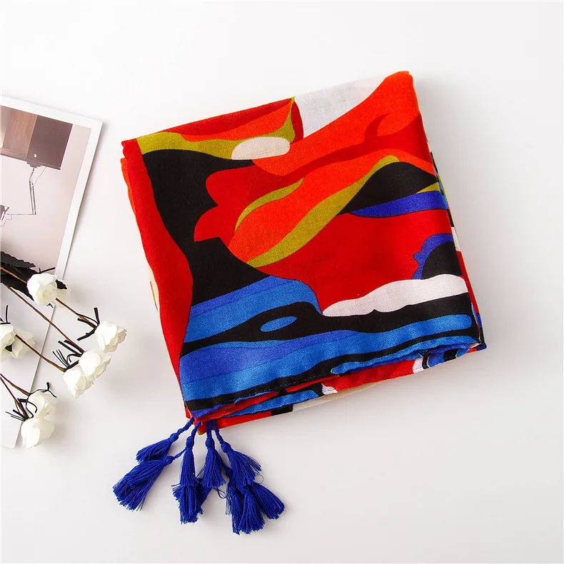 

Ethnic style Spring and Autumn seaside beach Silk Scarves popular print Sunscreen Shawl Women's Cotton and Linen tassels Scarf