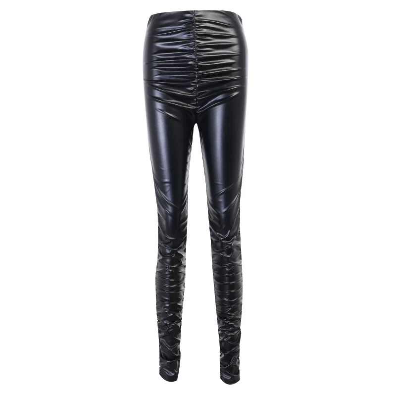 Модные пикантные плиссированные облегающие черные брюки из искусственной кожи