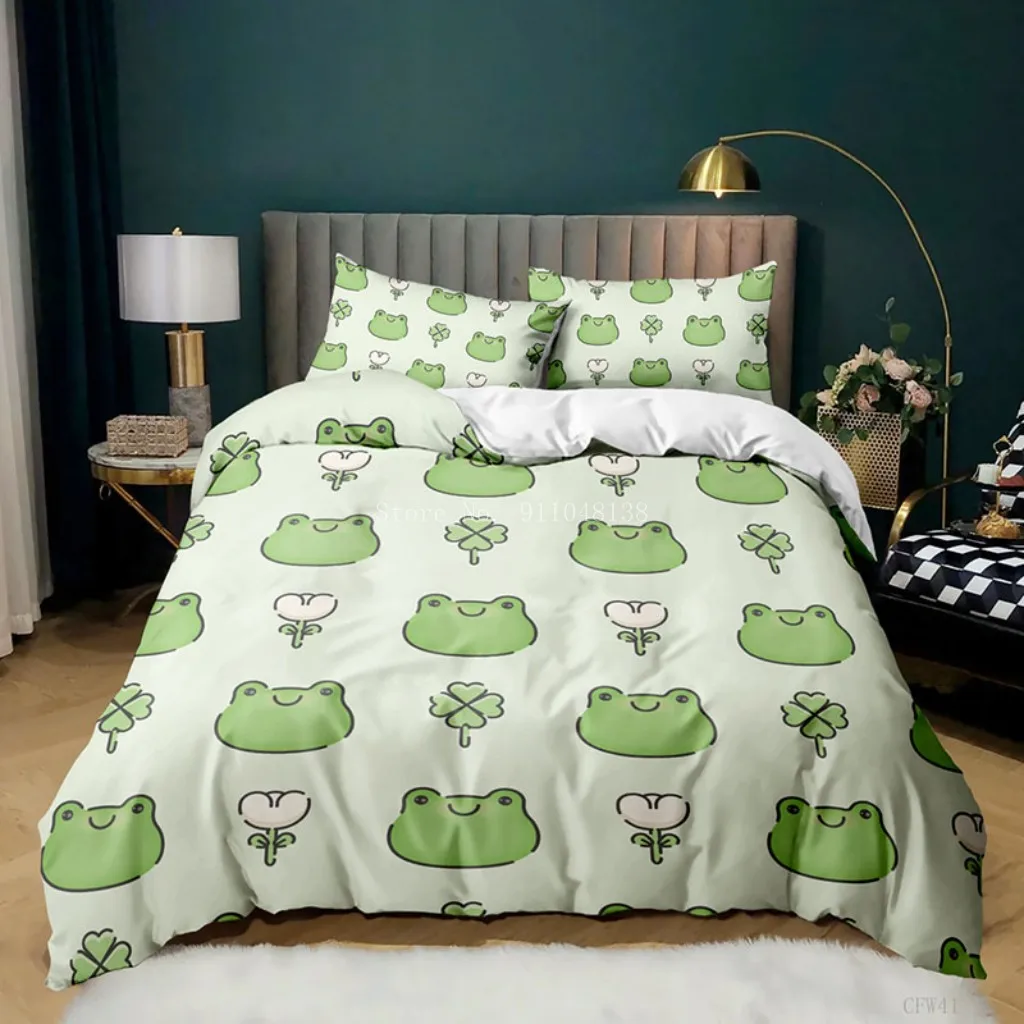 Animal Frogs Duvet Cover Set Queen Soft Lightweight Polyester Microfiber Cartoon Frog Pattern Bedding for Kids Boys Girls | Дом и сад