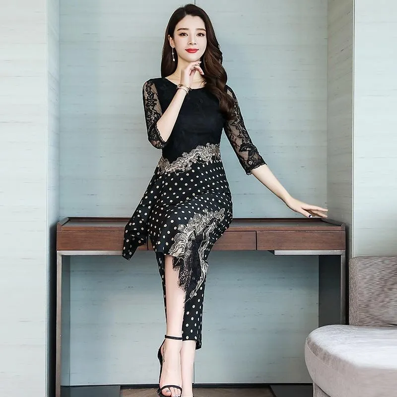 Summer Women Lace Spliced Polka Dot Two Piece Set Elastic Waist Wide Leg Pants Outfits Office Lady Irregular Ruffles Sets