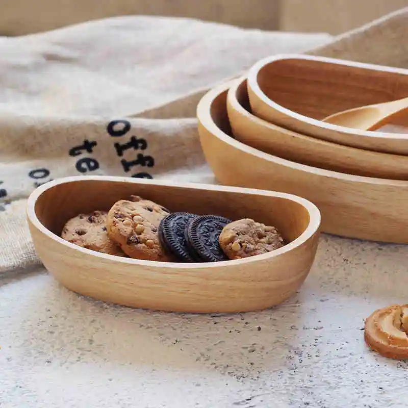 

Japanese Plate Rubber Wood Solid Boat Shaped Dishes Wooden Snack Breakfast Saland Bowl Dessert Fruite Plates Tableware Plateau