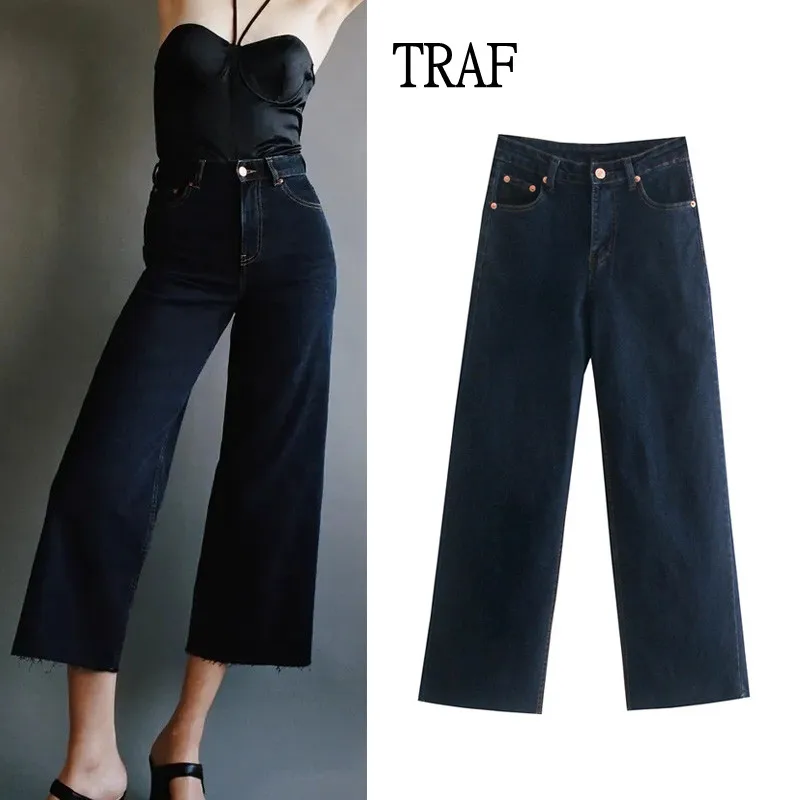 

TRAF Women Jeans 2021 Fashion Wide Leg For Women High Waist Blue Casual Cotton Denim Trousers Fall Loose Straight Jean Pants