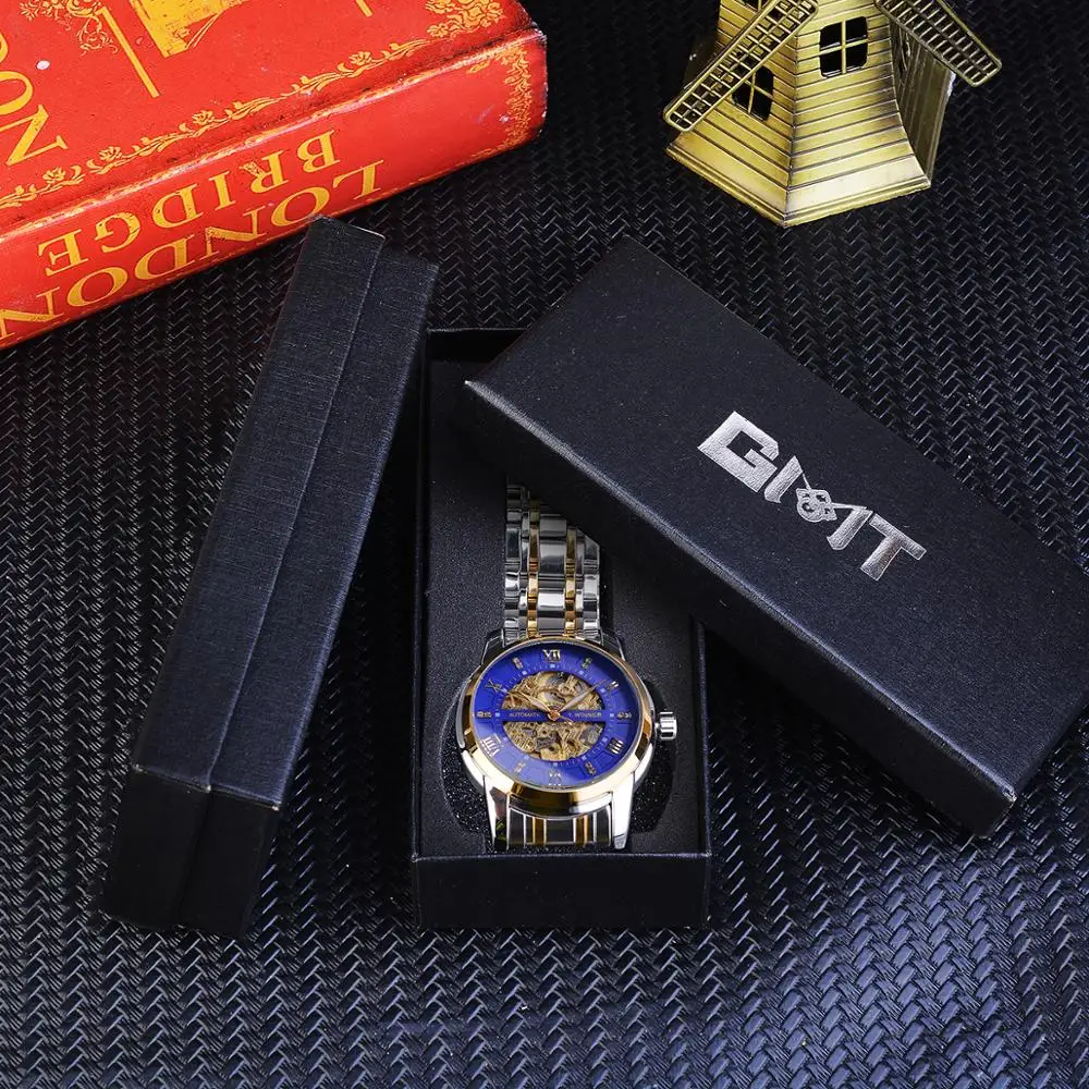 Winner Blue Golden Skeleton Diamond Мужские механические часы серебристые из нержавеющей стали