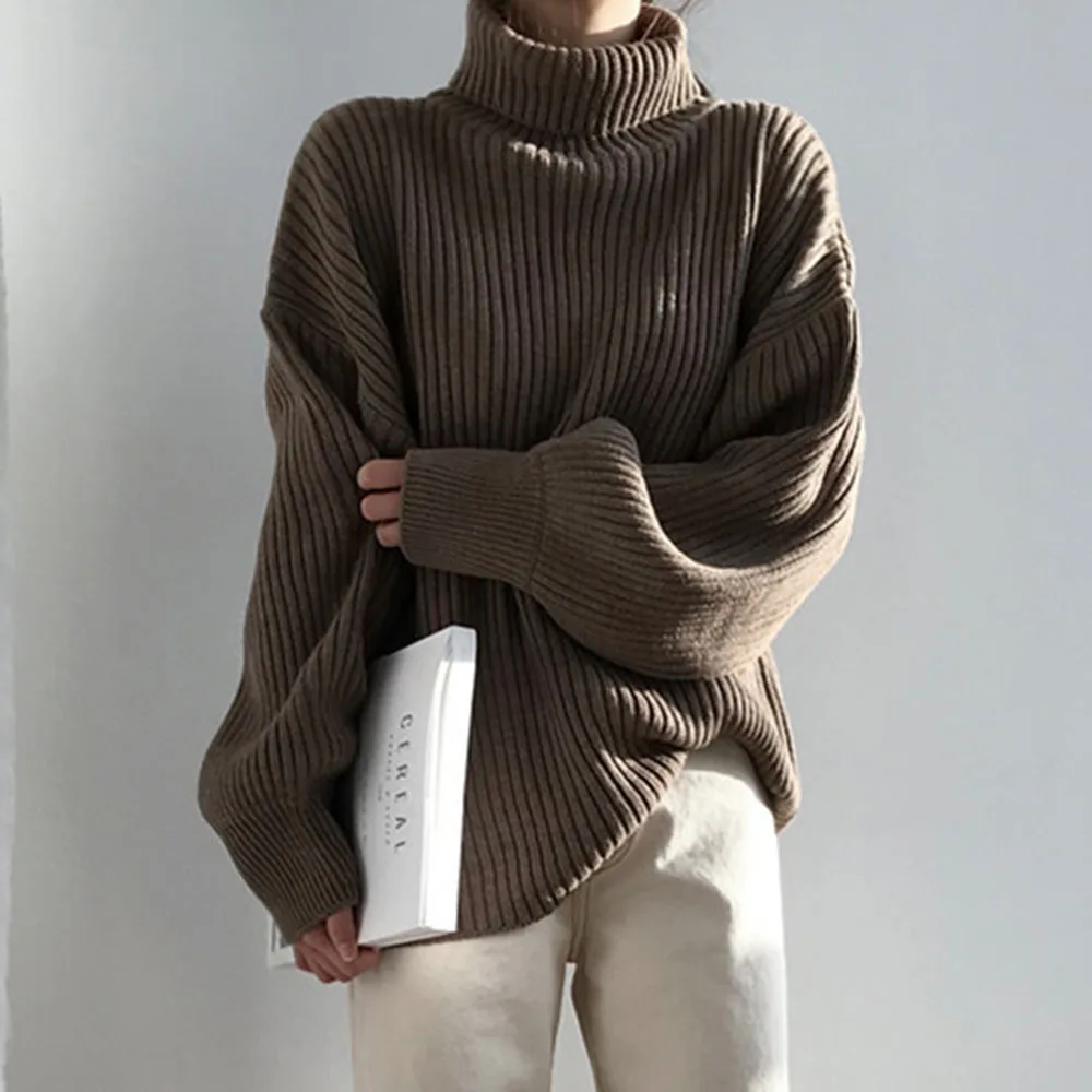 Женский свитер с высоким воротником однотонный Свободный пуловер оверсайз