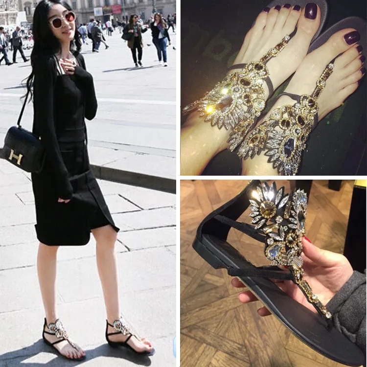 Дизайнерские Стразы вьетнамки сандалии на плоской подошве Женская обувь Женские