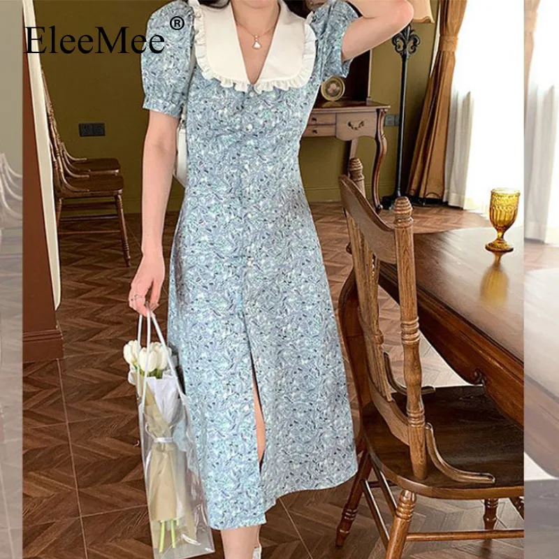 Элегантное женское платье EleeMee с кукольным воротником шифоновое миди цветочным