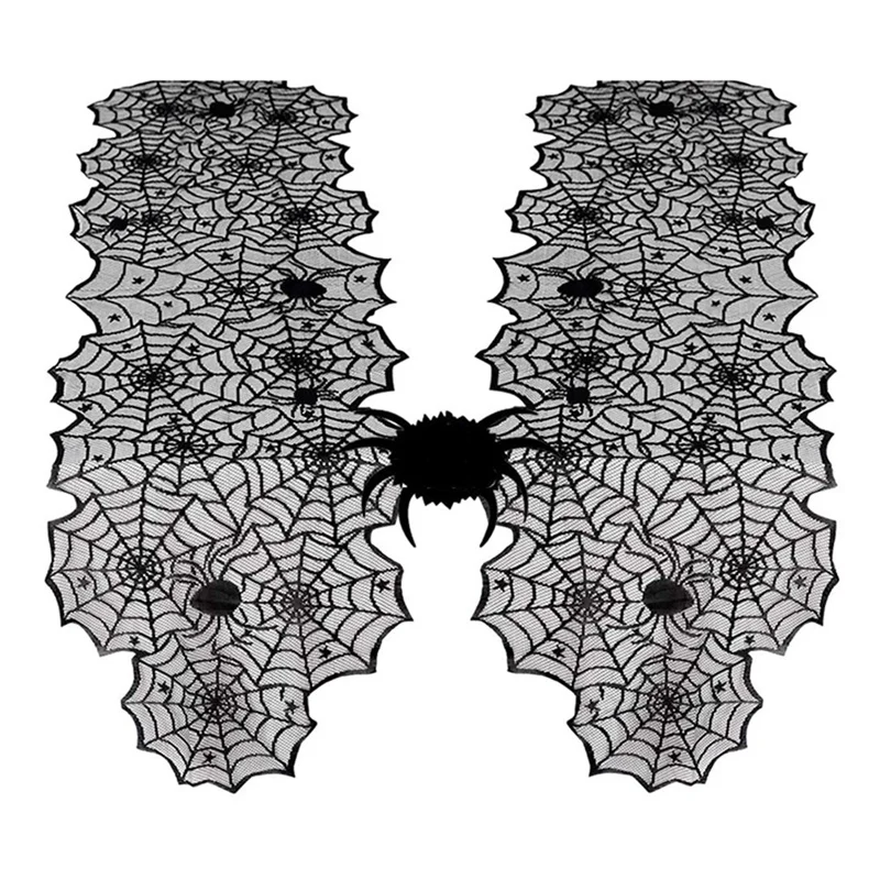 

2Pcs Halloween Table Runner Lace Black Spider Web Linens Polyester Gathering Gothic Festival Fabric Decoration 18X72inch
