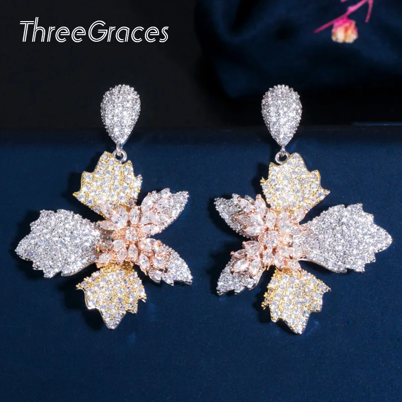 

ThreeGraces Summer New 3 Tone Gold Silver Color Flower Leaf Cubic Zirconia Big Dangle Drop Earring Wedding Party Jewelry ER442