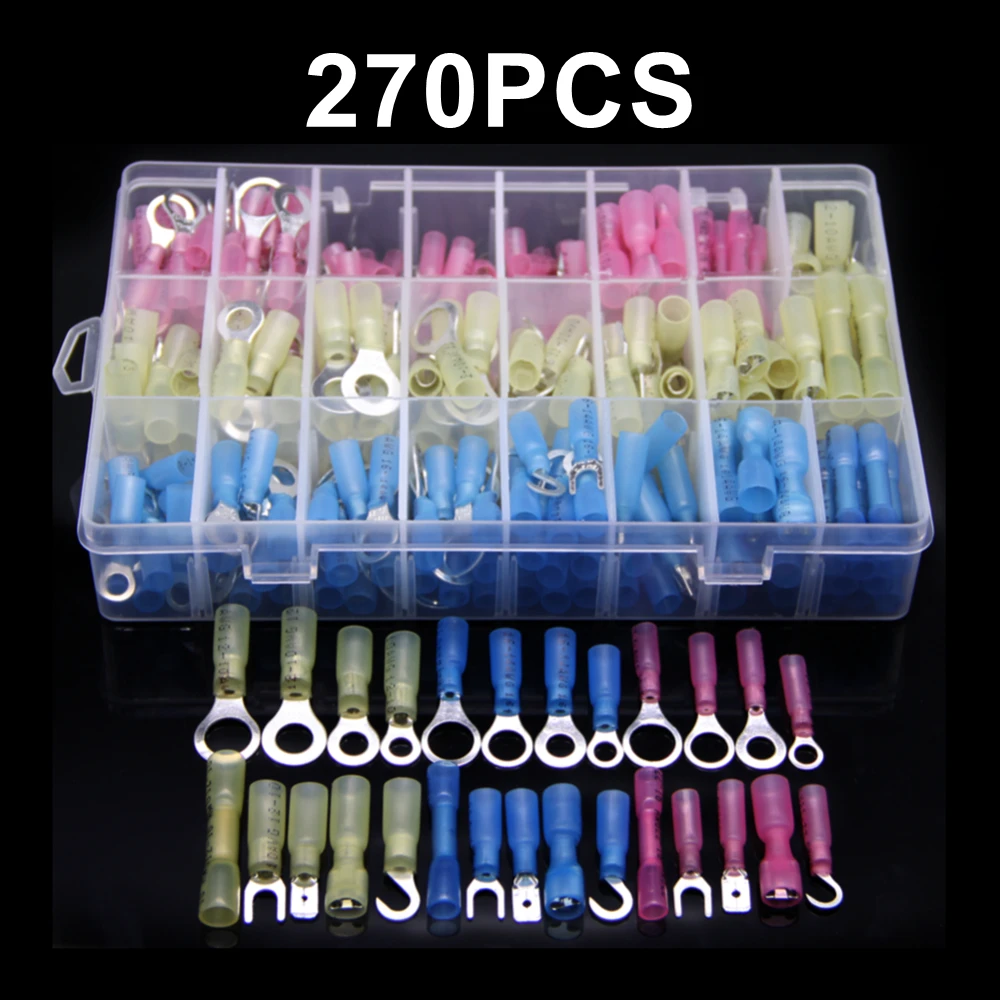 

270Pcs Heat Shrink Wire Connector Spade Ring Terminals Insulated Crimp Butt Terminal Waterproof Marine Automotive Connectors