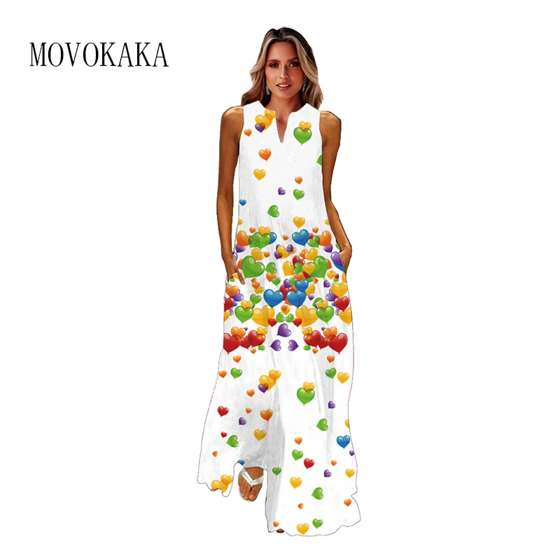 

MOVOKAKA Spring Summer White Long Dress Beach Casual Holiday Heart Print Dresses Woman Elegant Party Sleeveless Loose Maxi Dress