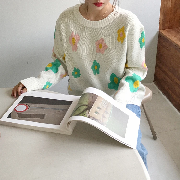 Винтажные очаровательные Цвет с цветами свитер женский в Корейском стиле Harajuku