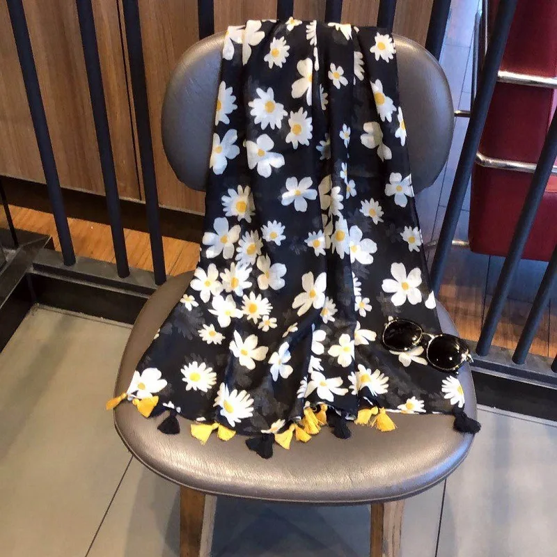 

Ladies Fashion Chrysanthemum Floral Tassel Viscose Shawl Scarf Women Print Muffler Headband Sjaal Muslim Hijab Snood 180*90Cm