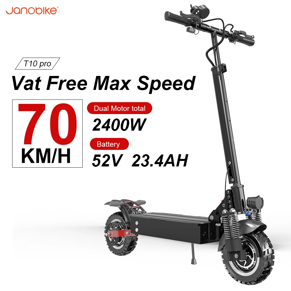 

Janobike Electric Scooter Dual Motor 2400W Max Speed 70KM/H 52V 23.4AH Battery 10 Inch Road/Off Road Tire Adult Folding Scooter