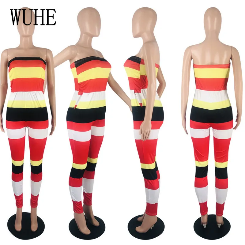 

WUHE Stripe Print Color Contrast Jumpsuits Patchwork Breast Wrap Strapless Pockets Package Hip Tight Streetwear Club Overalls