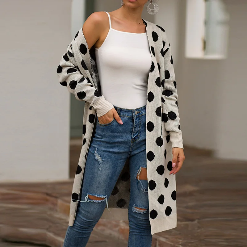 Женский черный осенний свитер в горошек с длинными рукавами кардиган зимний