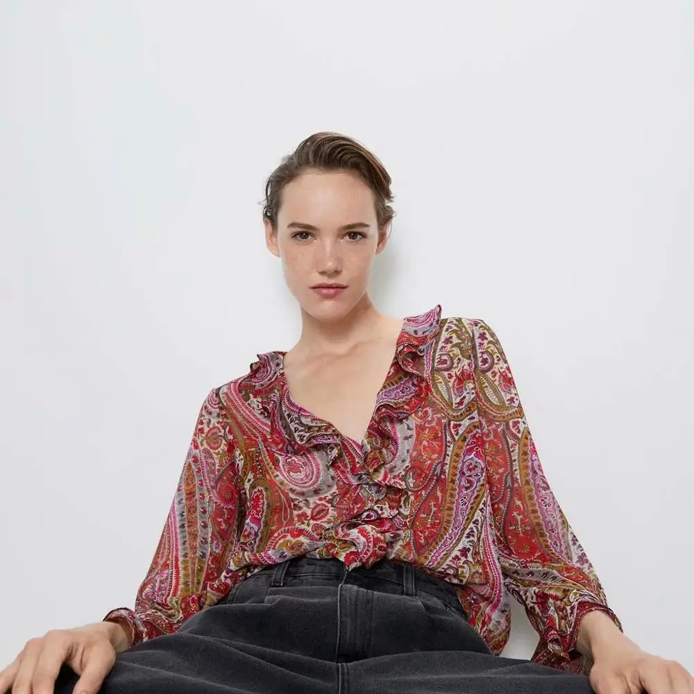 Осенние Рубашки с принтом блузки женские Топы Za длинными рукавами вертикальные