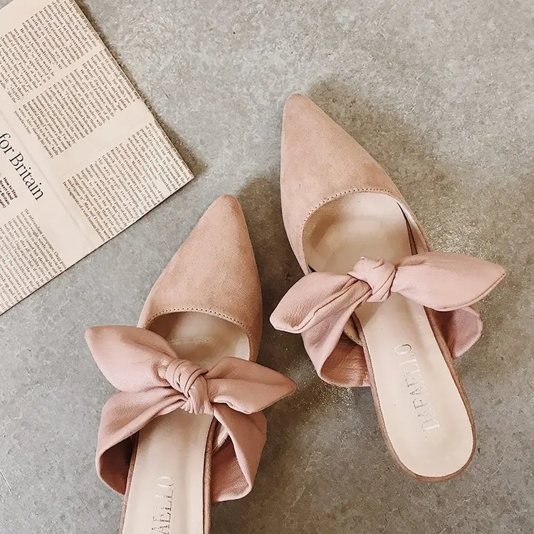 

Shoes Woman 2020 Thin Heels Female Mule Butterfly-knot Cover Toe Med Slippers Casual Pantofle Flock Mules Luxury New Slides PU