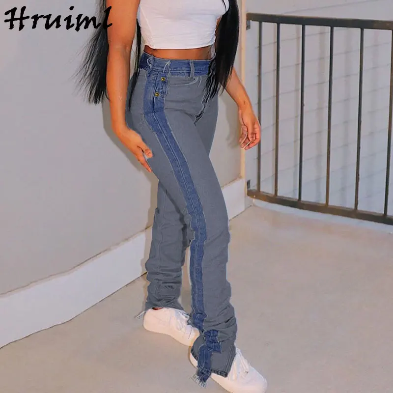 

New Wholesale Items Pants Woman Fashion Chic Office Outfit Color Matching Pencil Pants Streetwear Elegant Slim Autumn Jeans 2022