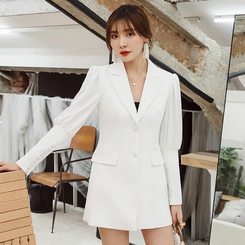 

YIGELILA Autumn High Quality White Dress Turndown Collar Single Breasted Elegant Dress Lantern Sleeves Short Lady Dress 65398