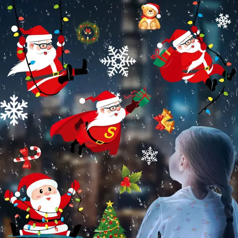 

Christmas Wall Sticker Santa Claus Deer Glass Window Static Stickers Snowflake Home Kids Room New Year Wall Decals PVC Film