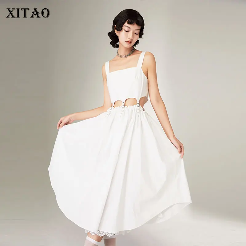 

XITAO Solid Umbilical Sling Dress Women Korea 2021 Summer New Arrival Personality Fashion Lace Slim Sexy Pullover Dress CLL1829