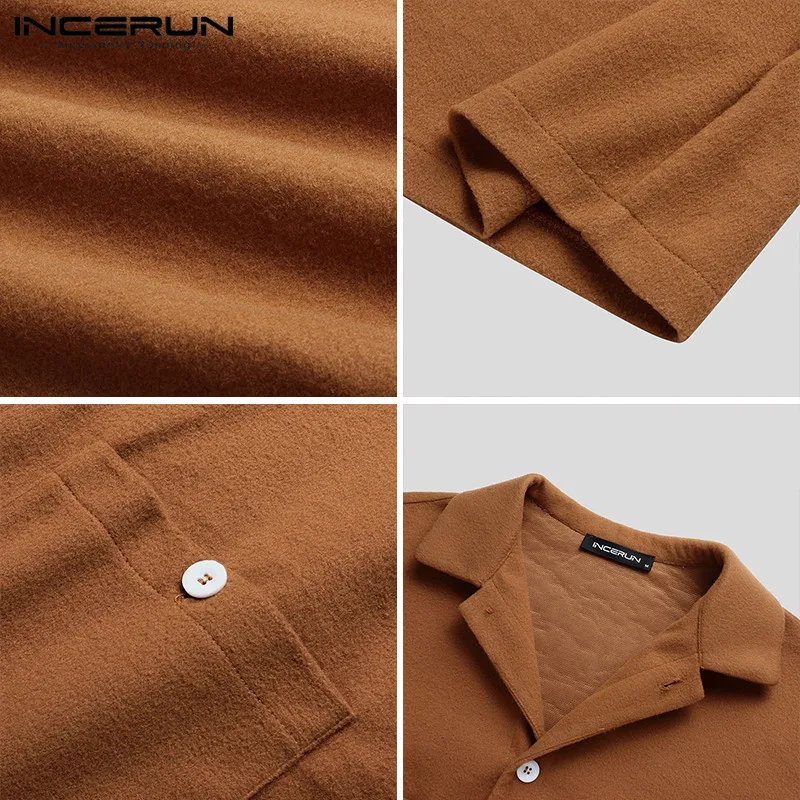 

INCERUN Solid Color Men Shirt Faux Fleece Lapel Long Sleeve Streetwear Spring Pockets Mens Warm Casual Shirts Vintage Camisas