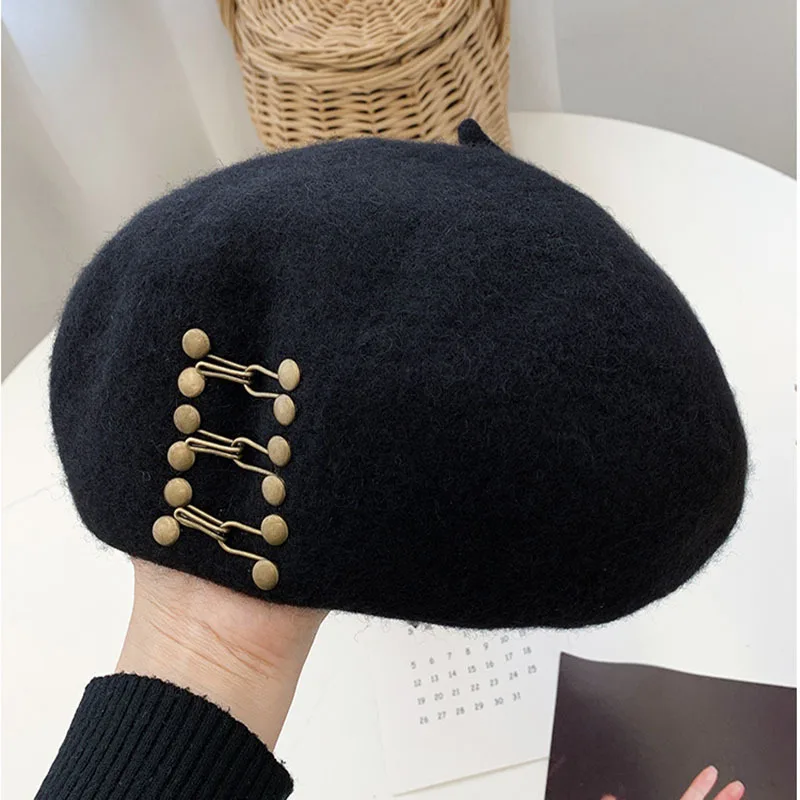 

Boinas de lana para mujer, gorro de invierno cálido estilo artista francés, boina Lisa Retro, Color sólido, elegante, otoño