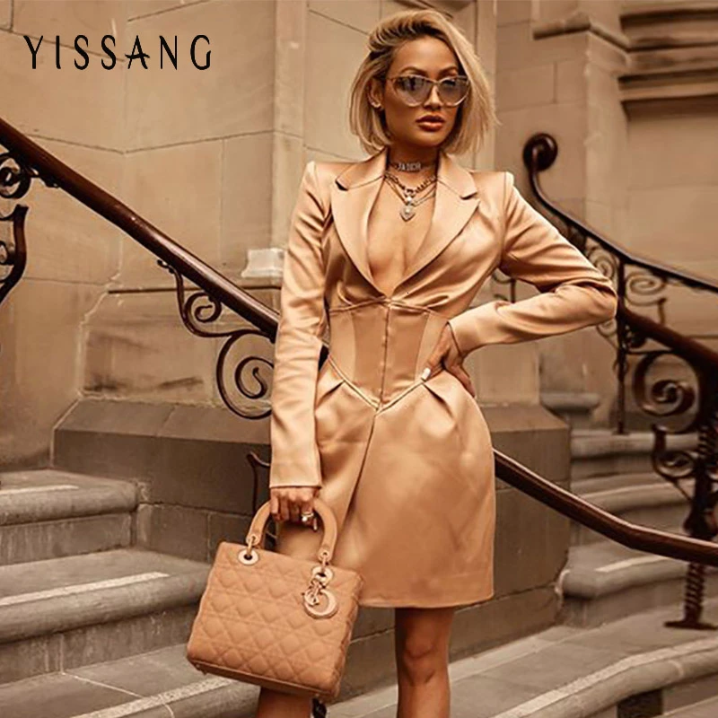 Yissang, Повседневное платье, Осень-зима, женское, длинный рукав, элегантное, Блейзер, платье, скрытое, однобортное, мини, для офиса, платья