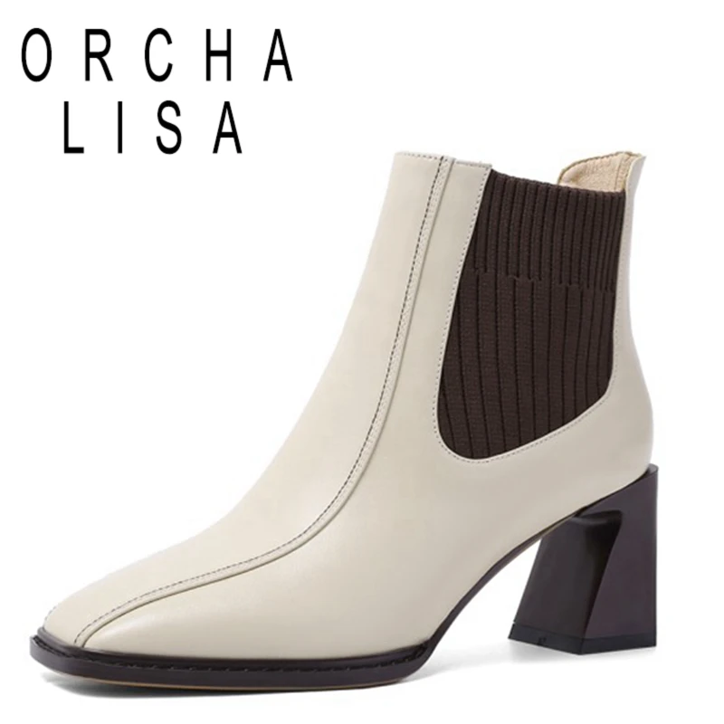 

ORCHA LISA Genuine Leather Sock Ankle Boots Elastic Knitting Fabric Square Toe Slip On 7cm Chunky Heel US9 Black Apricot A4229
