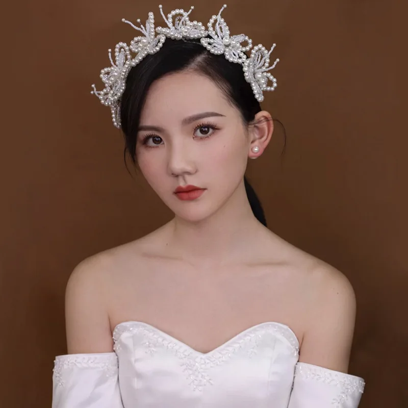

New pearl beads Hair Band Hairpins Suit Sweet Bridal Headdress Pearl Butterfly Headband Jewelry Wedding hair Accessories
