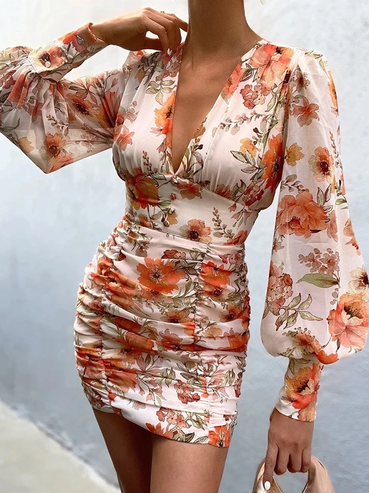 

V Neck Print Dress 2021 Autumn Trend Fashion Lantern Long Sleeve Pencil Dresses Sexy Elegant Outfit For Ladies Pastel Chiffon