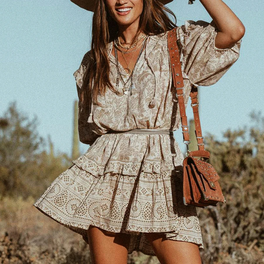 AYUALIN мини женское платье с рюшами и коротким рукавом свободное в стиле бохо
