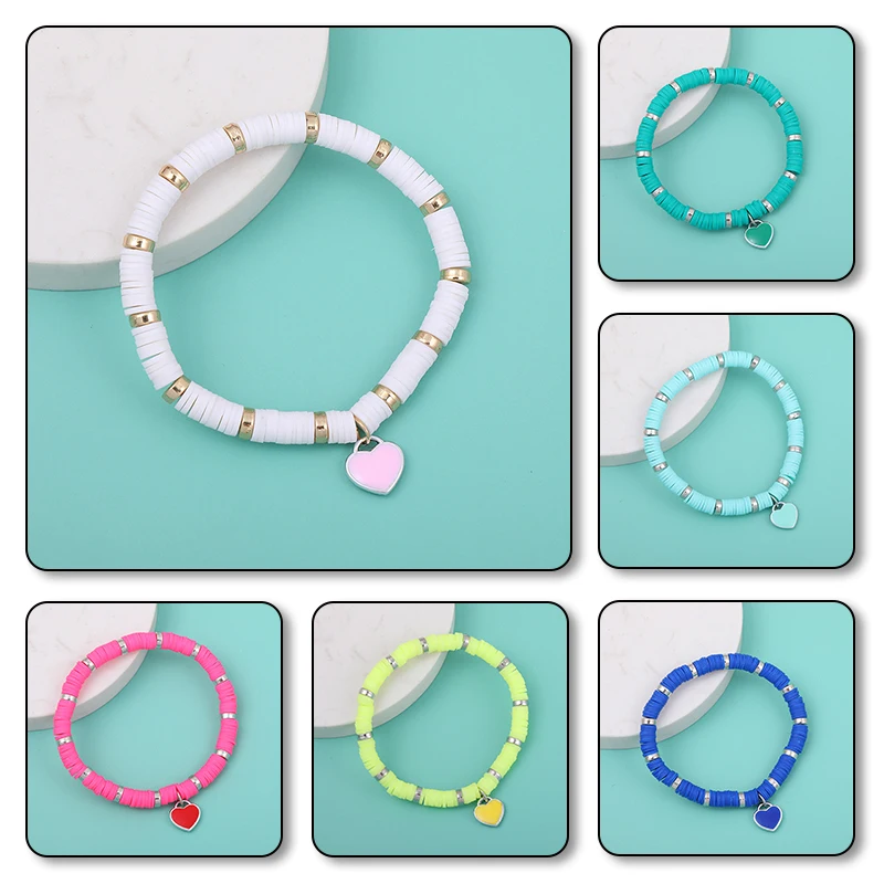 

1PC Jewelry Gift Soft Clay Women Bracelet Girls Wristband Round Beads Love pendant Bohemian Women Accessories