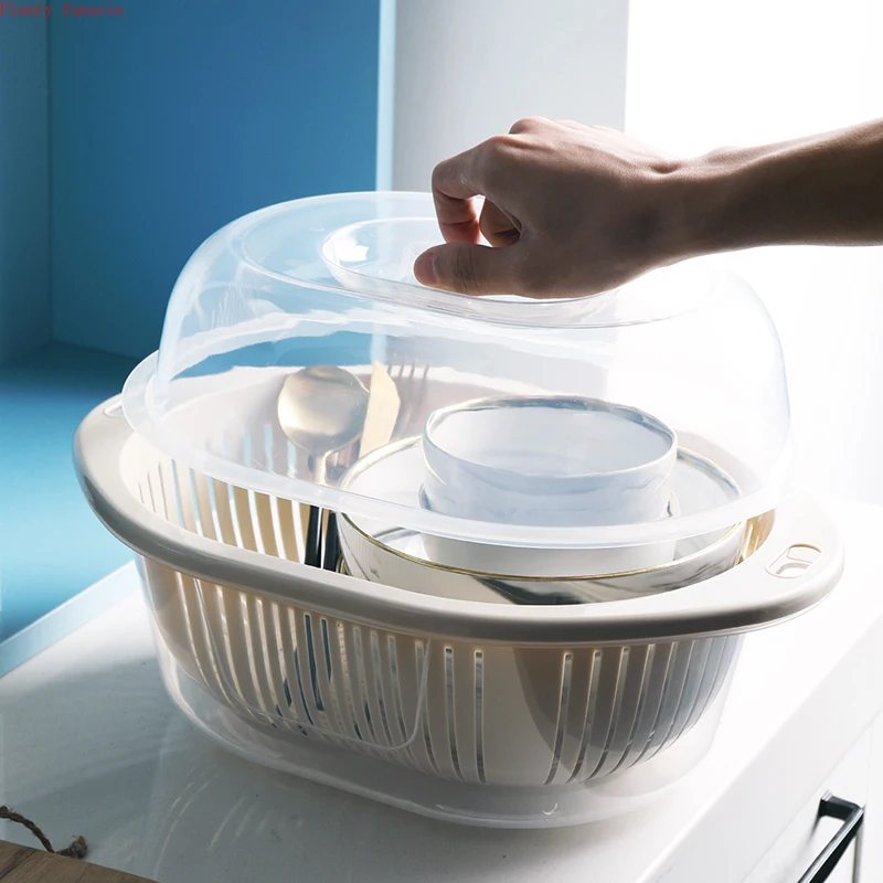 

Double layer basket with 2 covers anti dust washing kitchen multi-functional dish wash basin fruit Vegetable Leachate